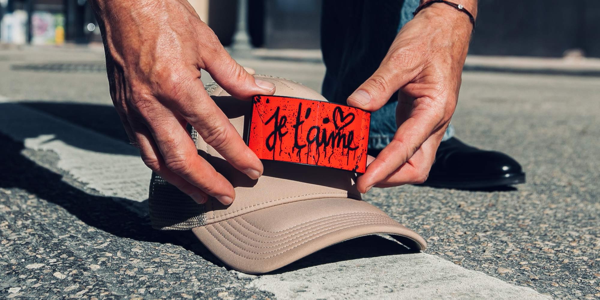 Removable Partch-Clip Je t'Aime with Luxury Beige Trucker Hat | PARTCH