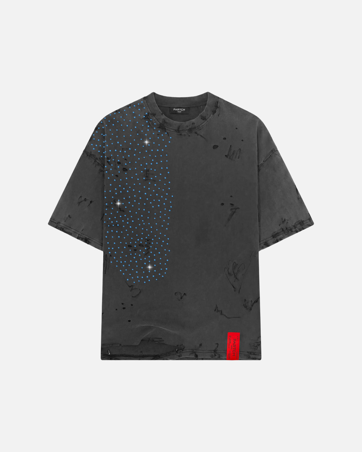 Luxury Vintage Black Distressed Oversized Tee with Crystal Blue Customization | PARTCH