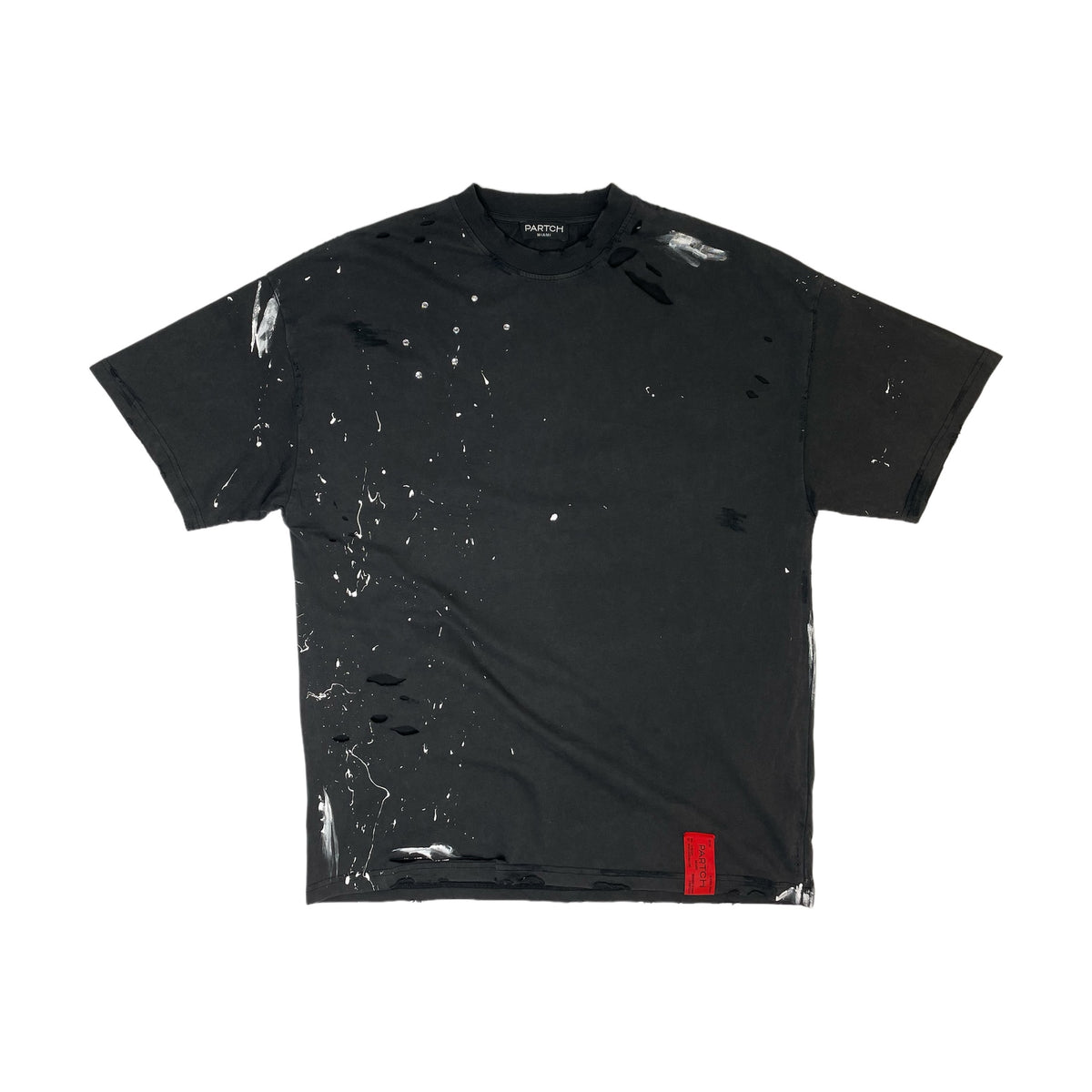 PARTCH Distressed Oversized Tee Vintage Black Paint Splatters Swarovski