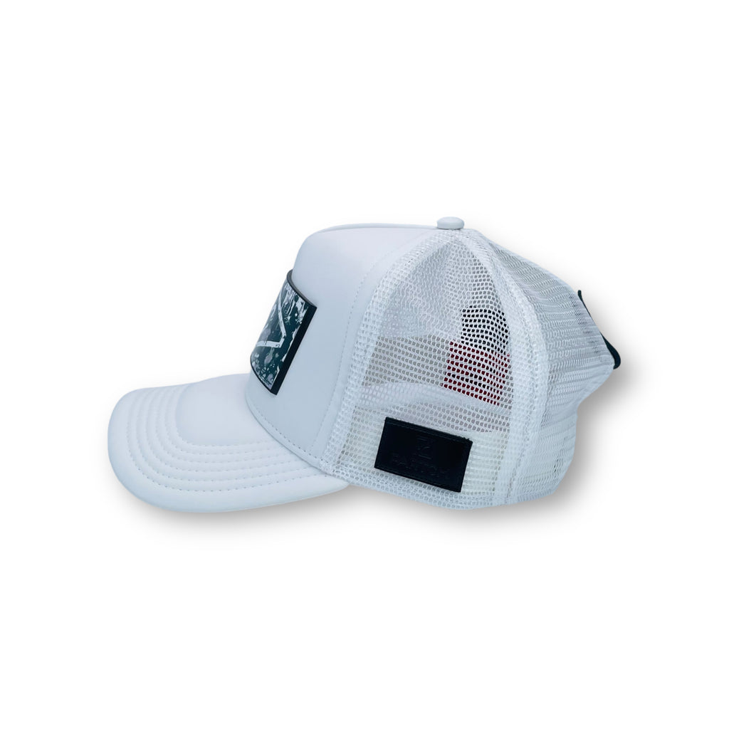 White premium trucker hat Partch, features PARTCH-clip 
