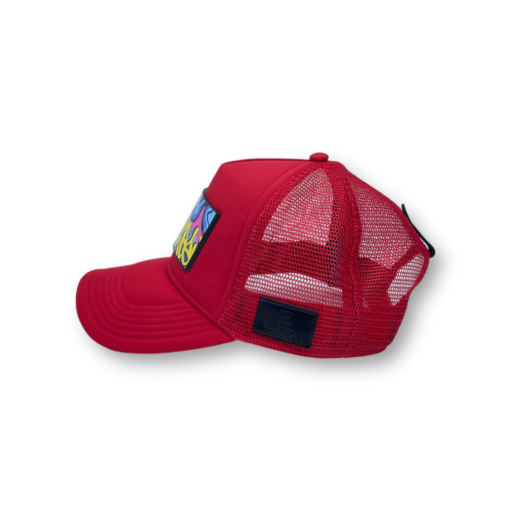 Red luxury trucker hat with mesh rear and Art Graffiti front patch