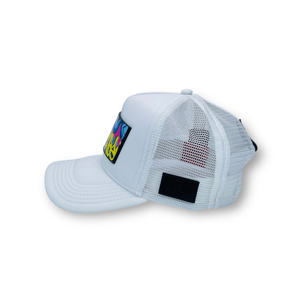 Partch luxury fashion trucker hat white, breathable rear mesh, snapback closure