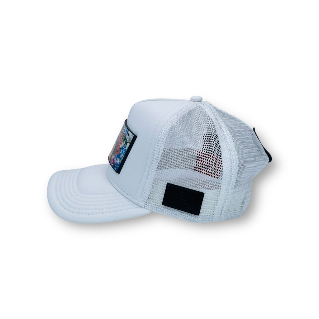 Partch Icon Trucker Hat, w/ Partch-clip removable Art Graffiti Urban Style. White Luxury Hats | PARTCH  and Cedric Bouteiller Artist