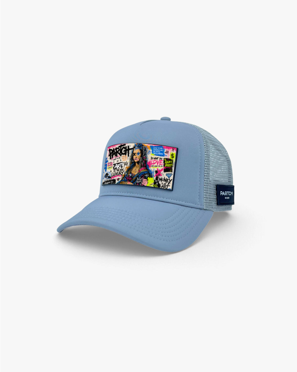 Designer Mona Art Trucker Hat Mesh Panel Adjustable Cloture Grey Removable Patch | PARTCH