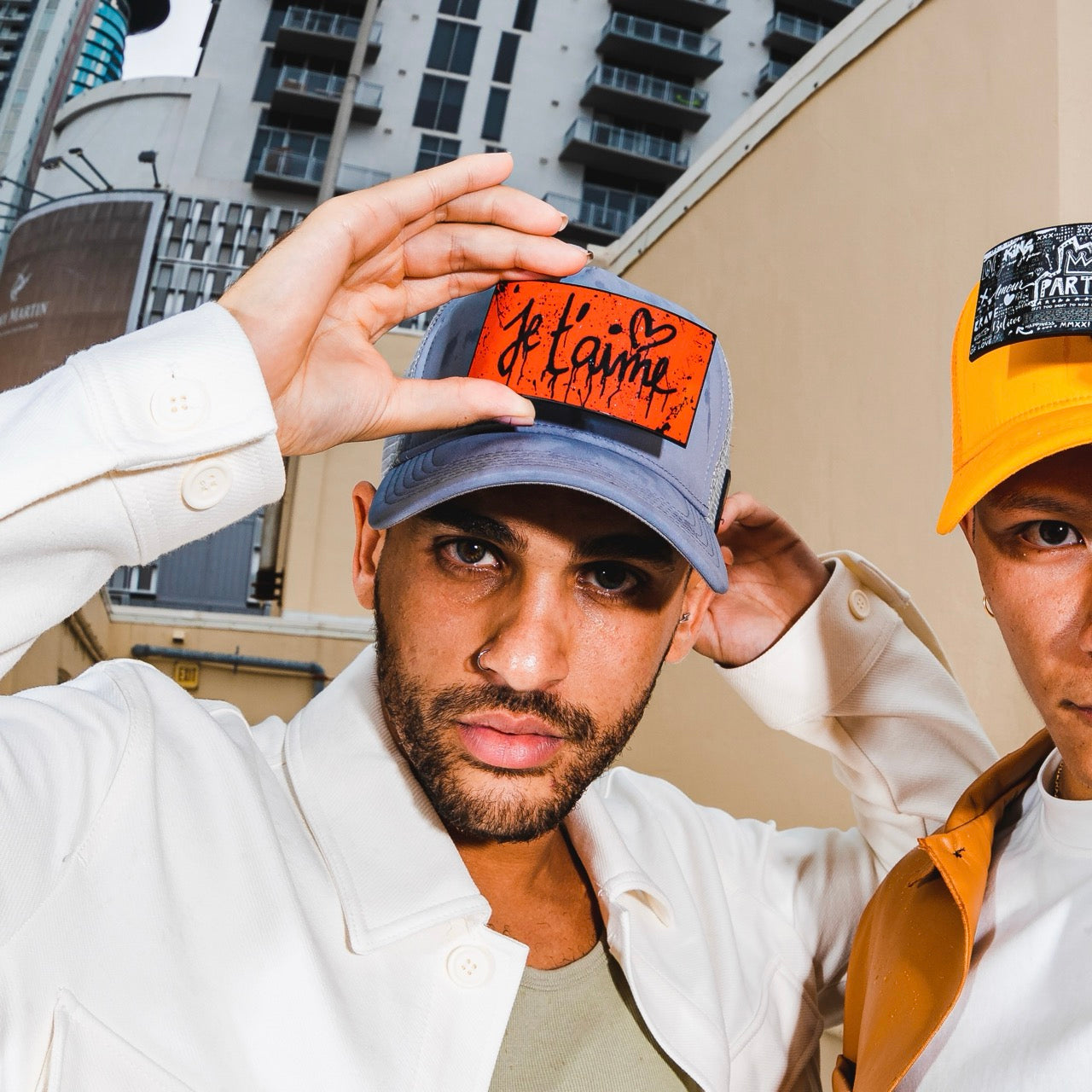 Men's Je t'Aime Designer Trucker hat Gray w/ Removable Front Patch | PARTCH by Didier Devaux