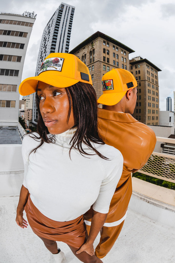 Sexy black woman Partch Fashion Trucker Hat Yellow and Roses Art PARTCH-Clip