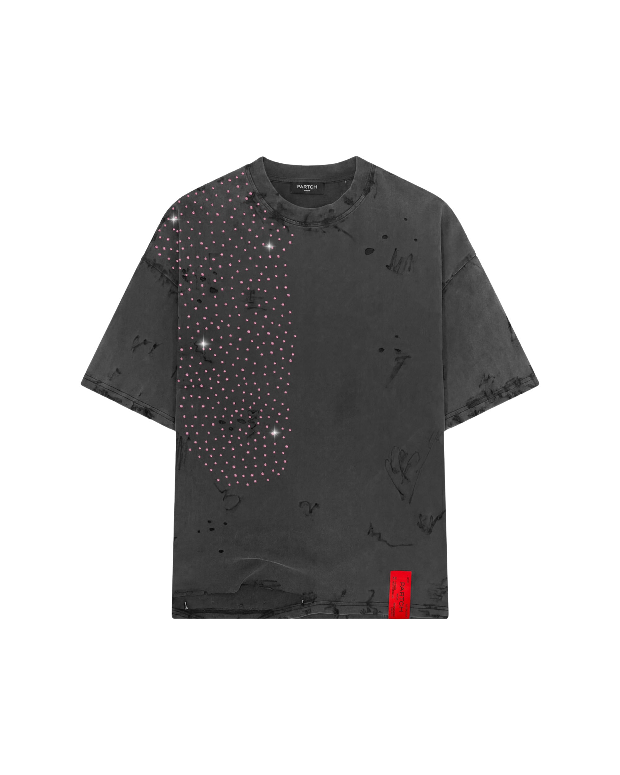 PARTCH Crystal Distressed Oversized T-Shirt Vintage Black - Pink Crystals