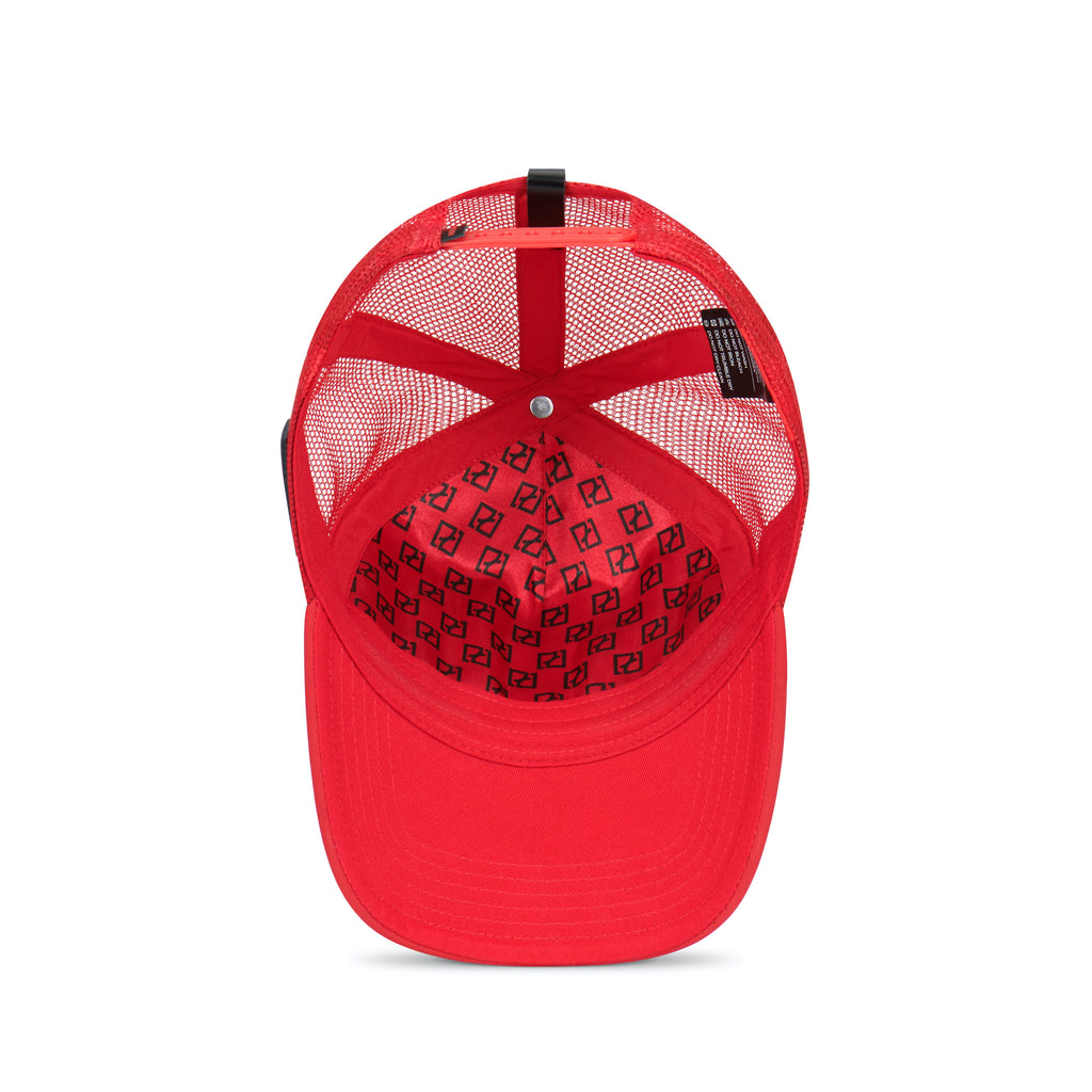 Partch fashion trucker hat in red, with leather accents and red satin finish inside
