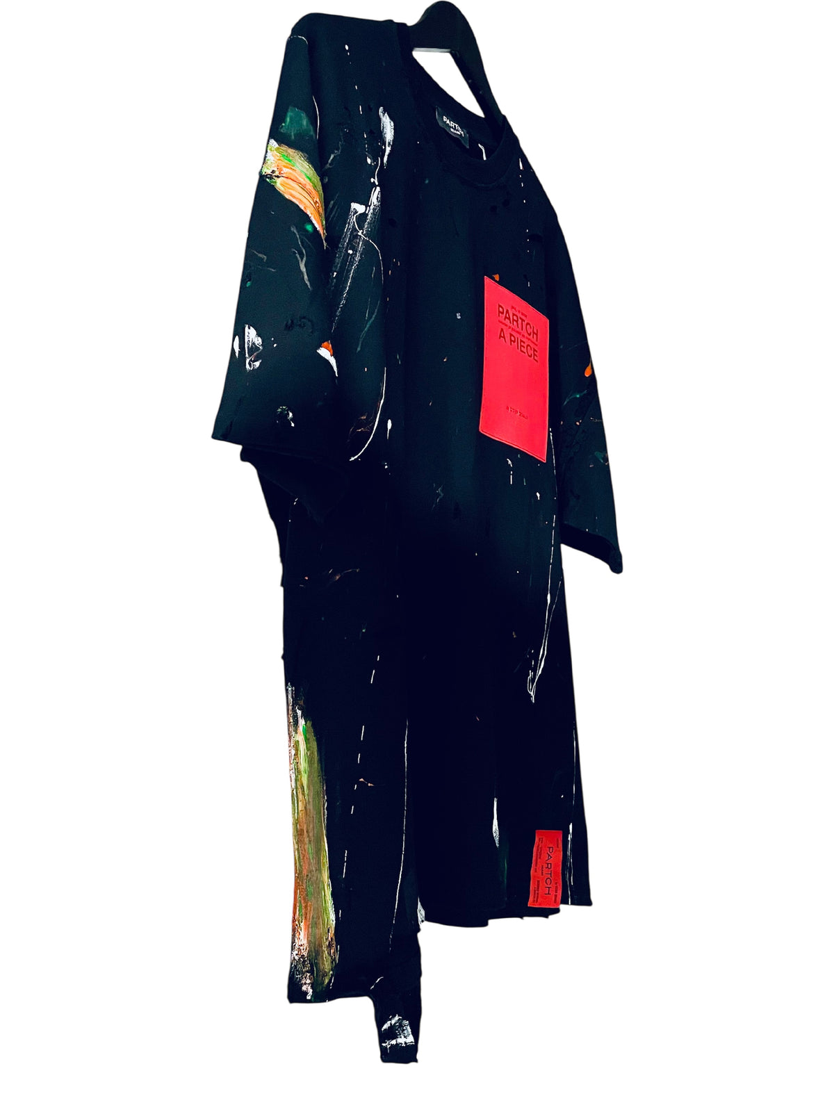 PARTCH Oversized Distressed T-Shirt Black Hand Painted & Red