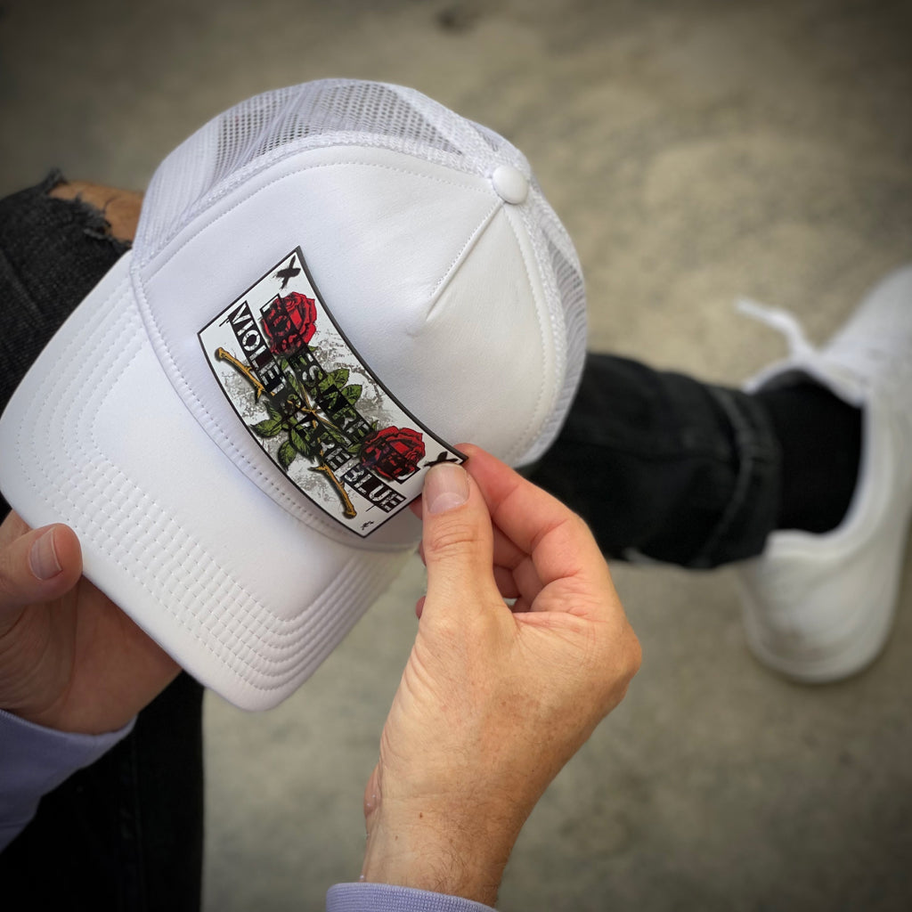 Partch Trucker Cap in White with The Roses front patch | removable PARTCH-Clip