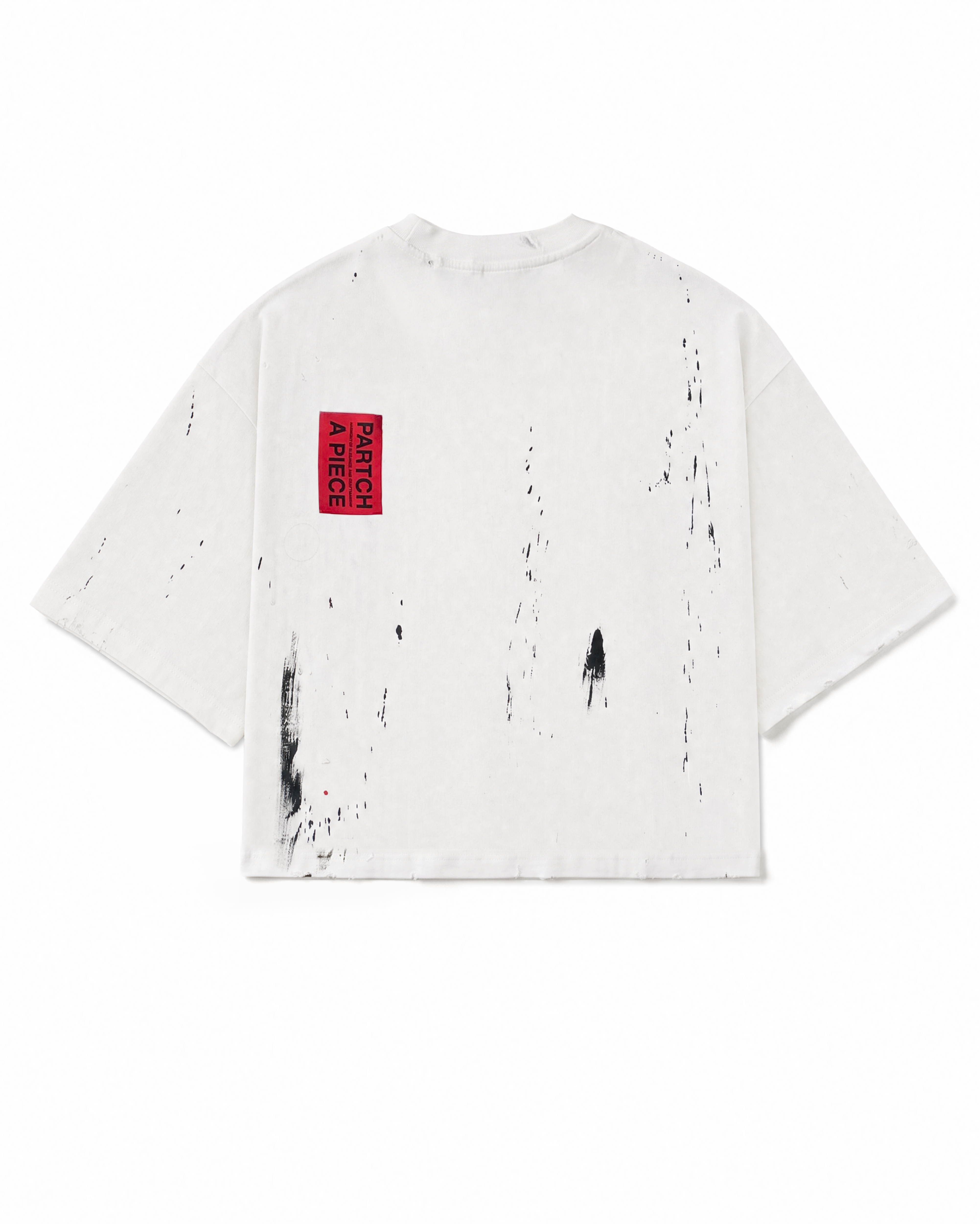 PARTCH Cropped Oversized Tee White Distressed Paint-Splatters Handmade | Women's Streetwear