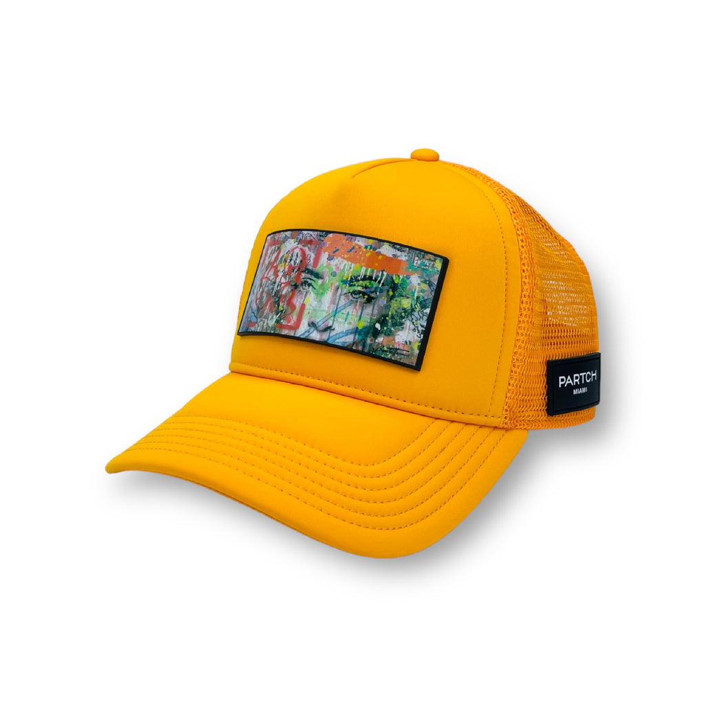 Partch Yellow Trucker Hat by Cedric Bouteiller Art Pop Street  | Partch-clip Eyes of Love | Removable front patch