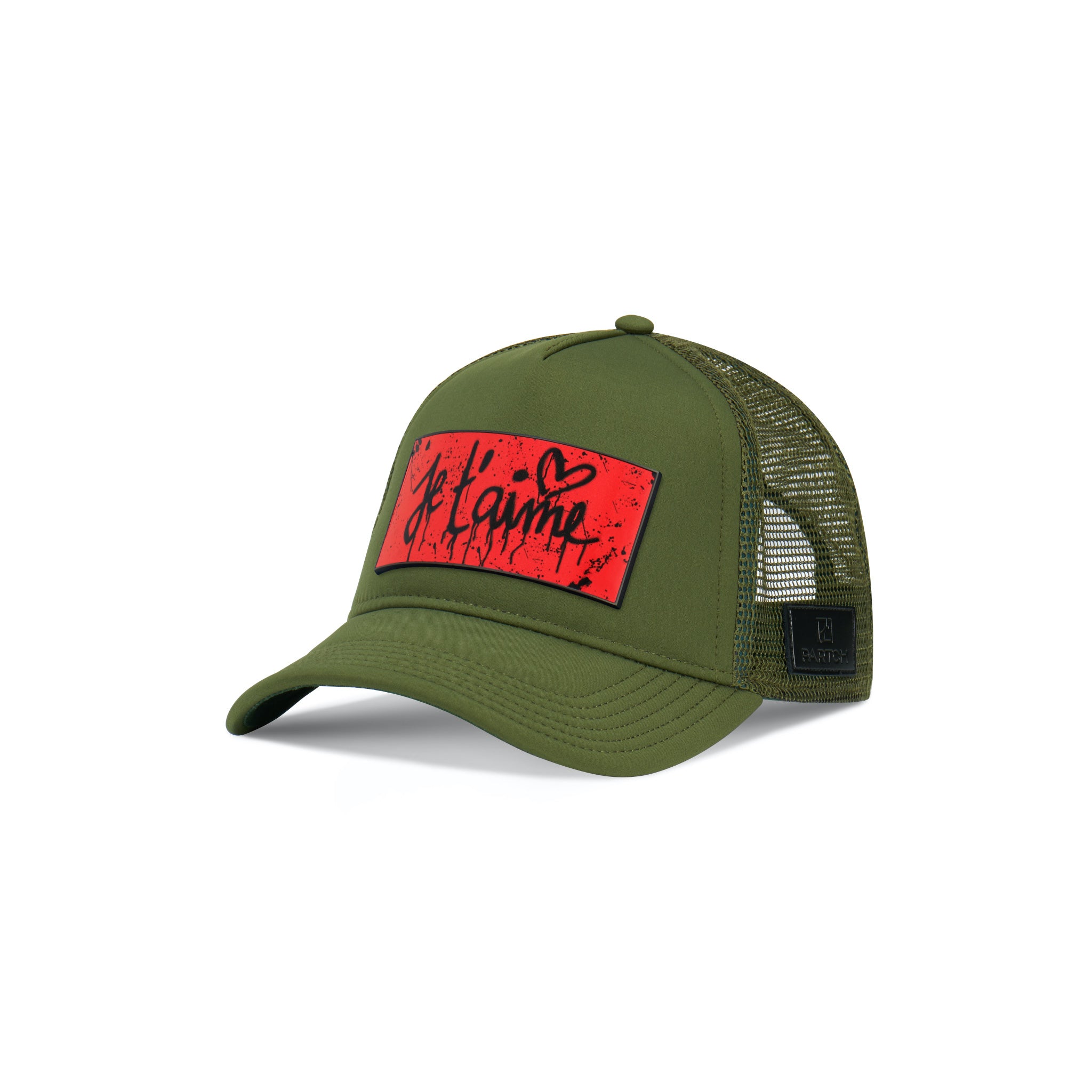 Partch Trucker Hat Kaki with PARTCH-Clip Je T’aime Front View