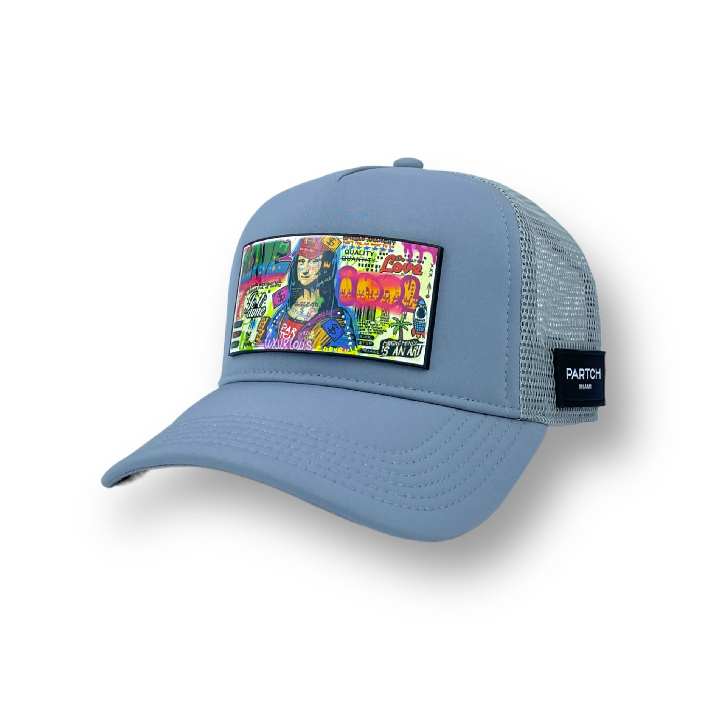 Partch luxury trucker hat gray Mona Lisa Art patches