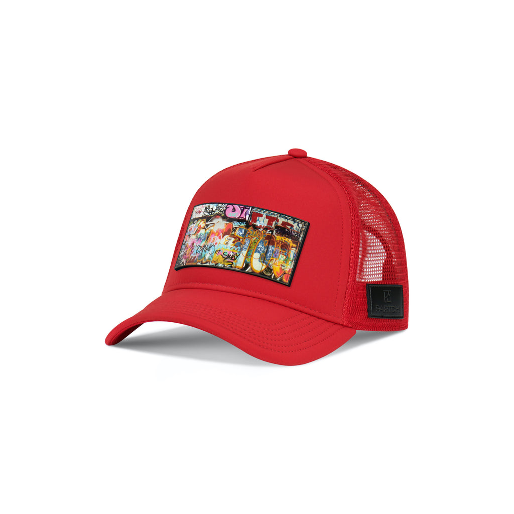Partch Dulxy Graffiti Trucker Hat in Red, Breathable, Adjustable, Snapback