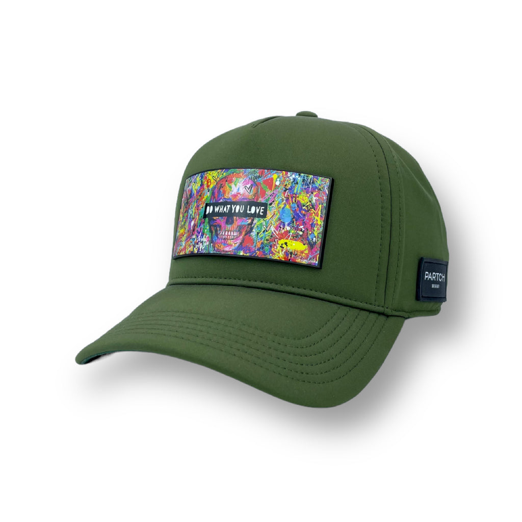 Partch Skull trucker hat green full fabric Art removable patches