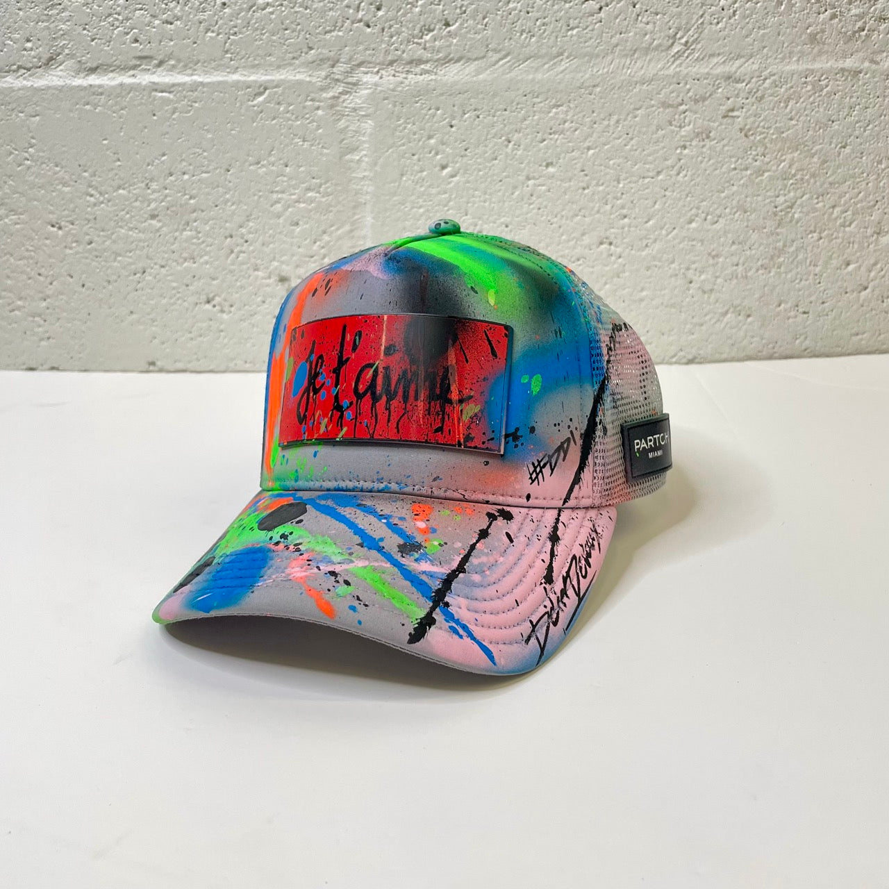Partch Atelier Paint Splattered Je t'Aime Trucker Hat in Gray