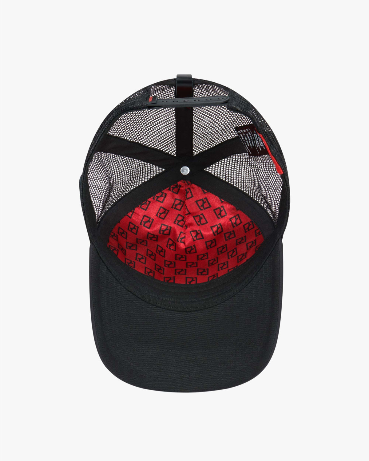 Luxury Trucker Hat 5 Panel Black, Red Premium Satin, Leather Accents | PARTCH