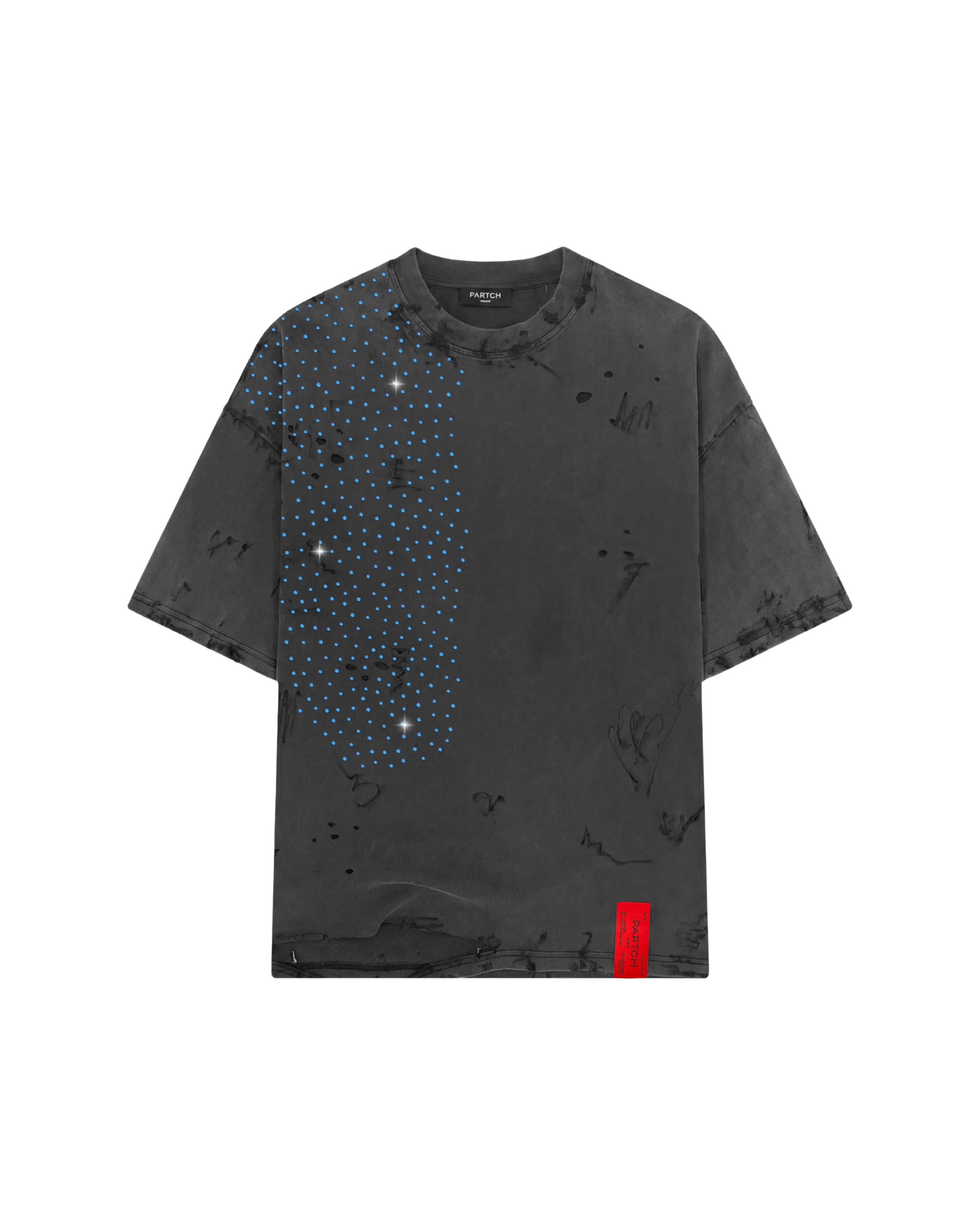 PARTCH Crystal Distressed Oversized T-Shirt Vintage Black Blue Crystals