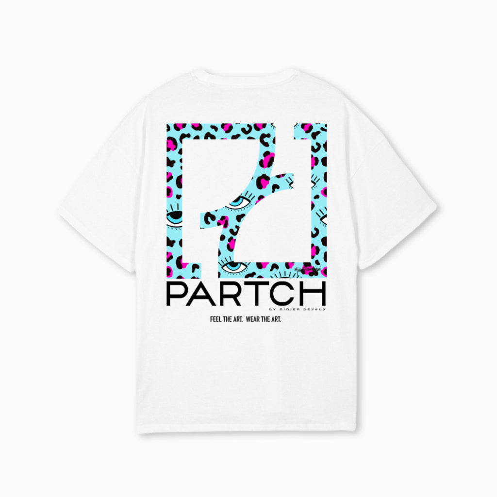 Partch Cheetah Bleu Print T-Shirt Organic Cotton White