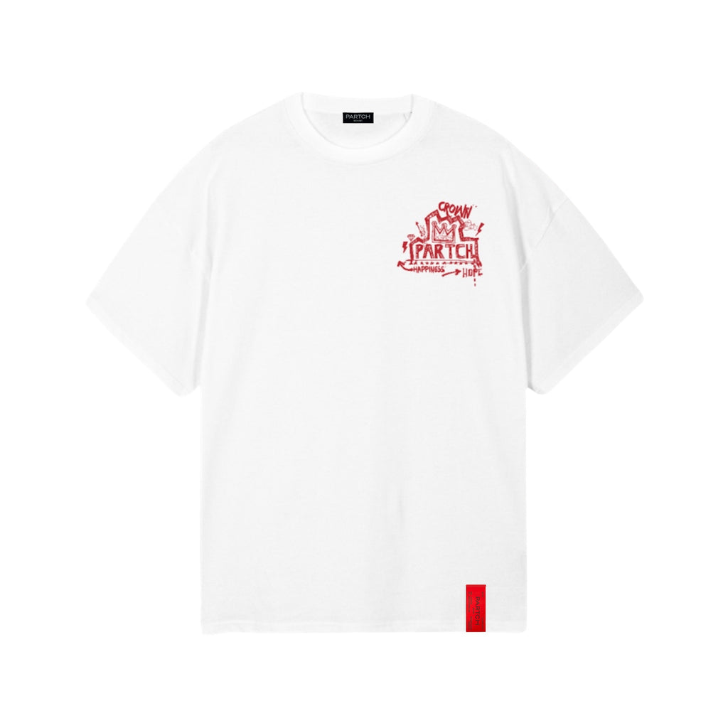 Crown Luxury Oversized T-Shirt White Printed Art in Red Front and Back Cotton | Partch by Didier Devaux