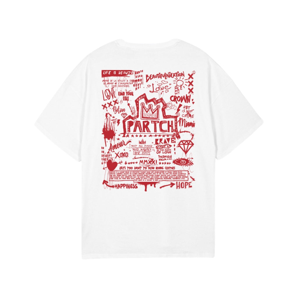 Partch Designer Oversized Tee White Crown Printed Chest and Back | Luxury Streetwear Clothes