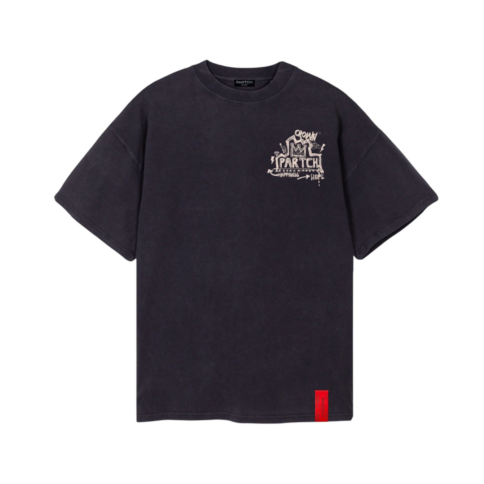 Partch Crown Oversized T-Shirt Vintage Black Print Chest and Back in Organic Cotton