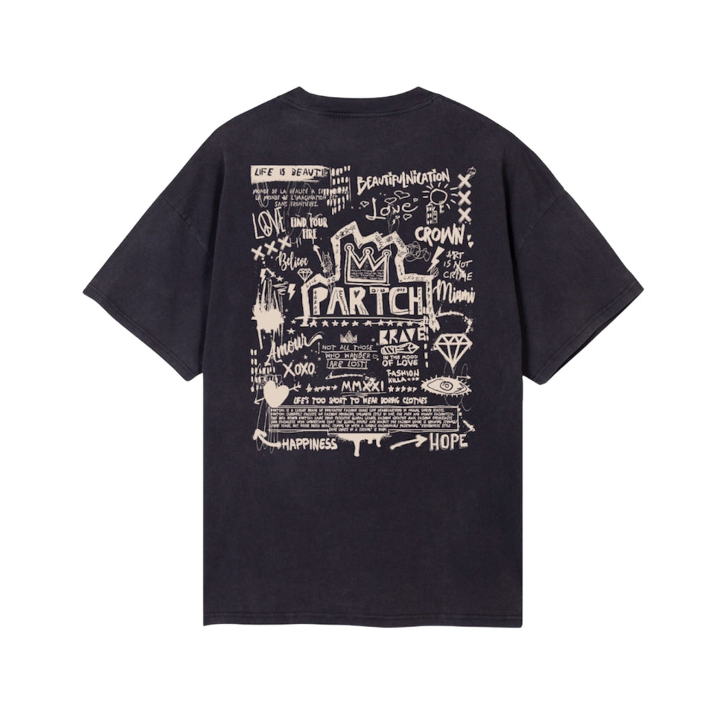 Partch Designer T-Shirt Vintage Black Oversized Fit with Crown Print on the chest and Back | Luxury Streetwear