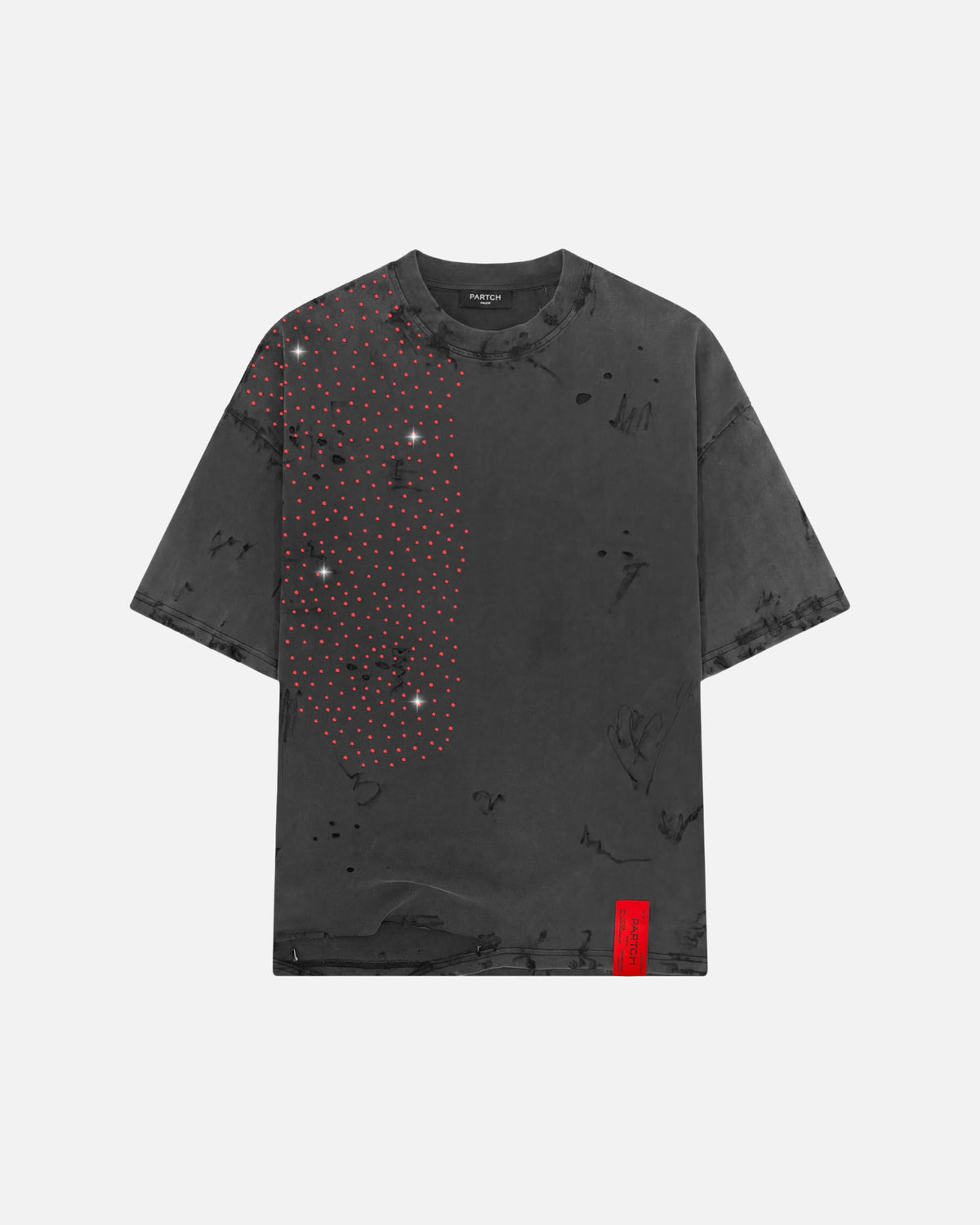 PARTCH Red Crystal Distressed Oversized Tee Vintage Black Cotton 
