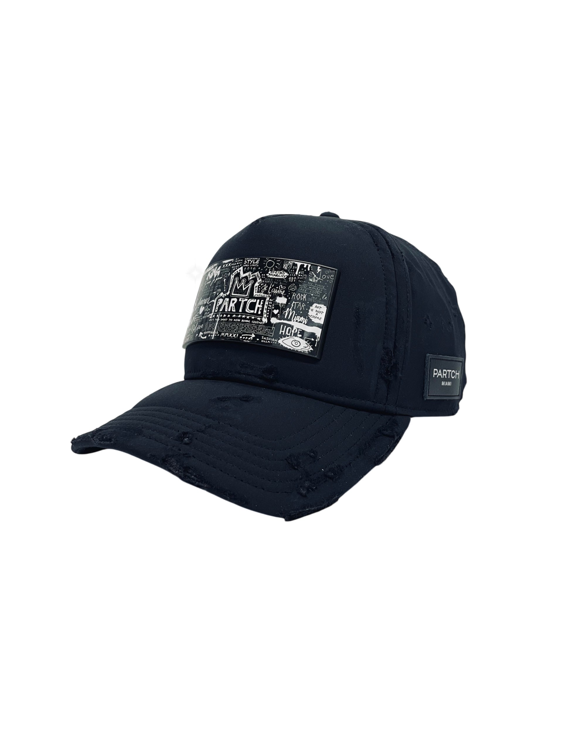 Distressed Black Trucker Hat with Pop Removable Partch-Clip | PARTCH Atelier Collection