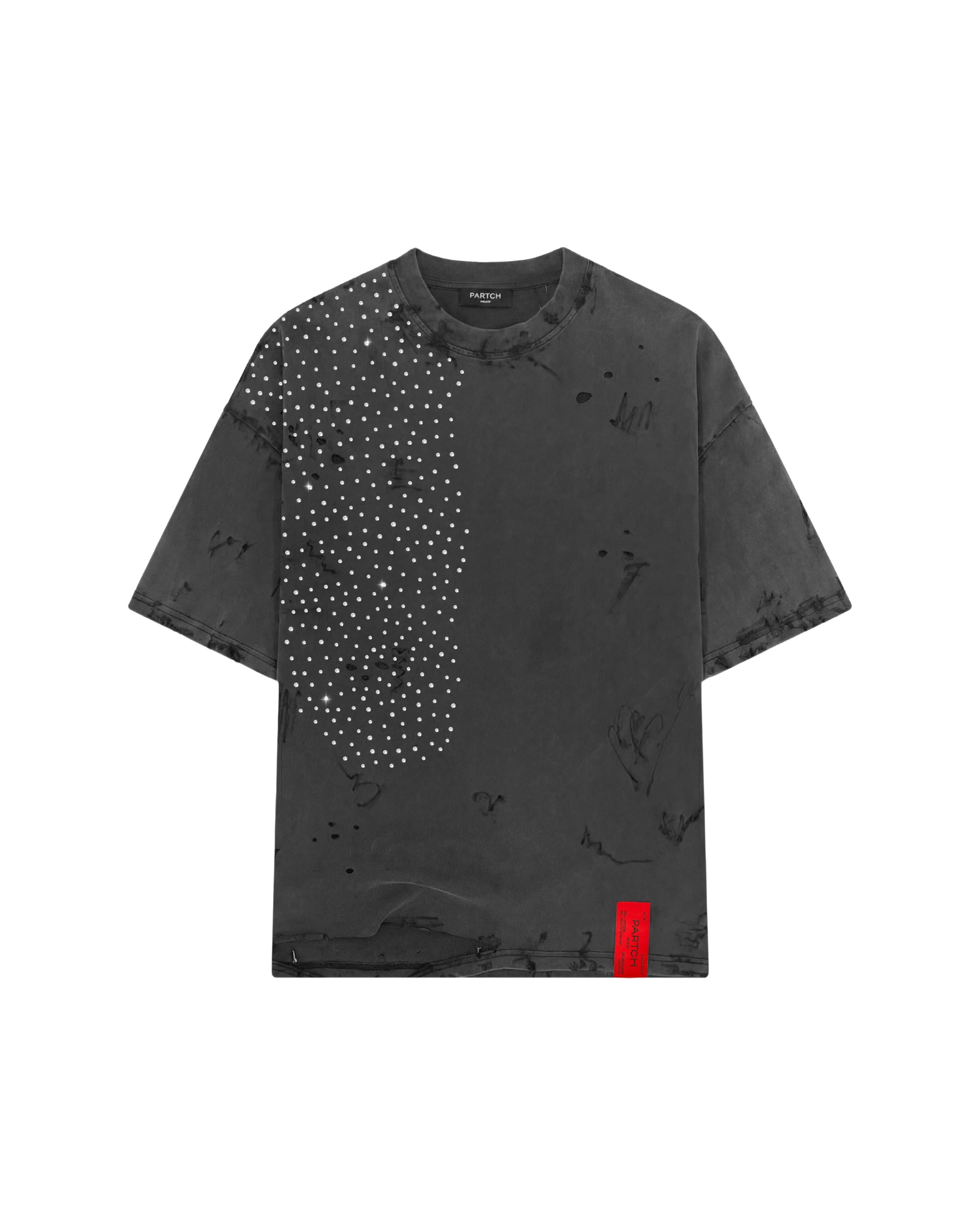 PARTCH Crystal Distressed Oversized Tee Vintage Black with Clear Swarovski