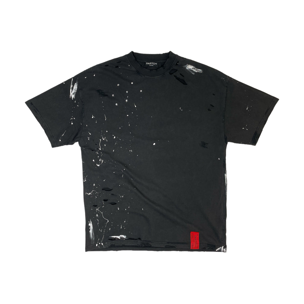 Partch Distressed T-Shirt Oversized Vintage Black Paint Splatters and Swarovski Crystal