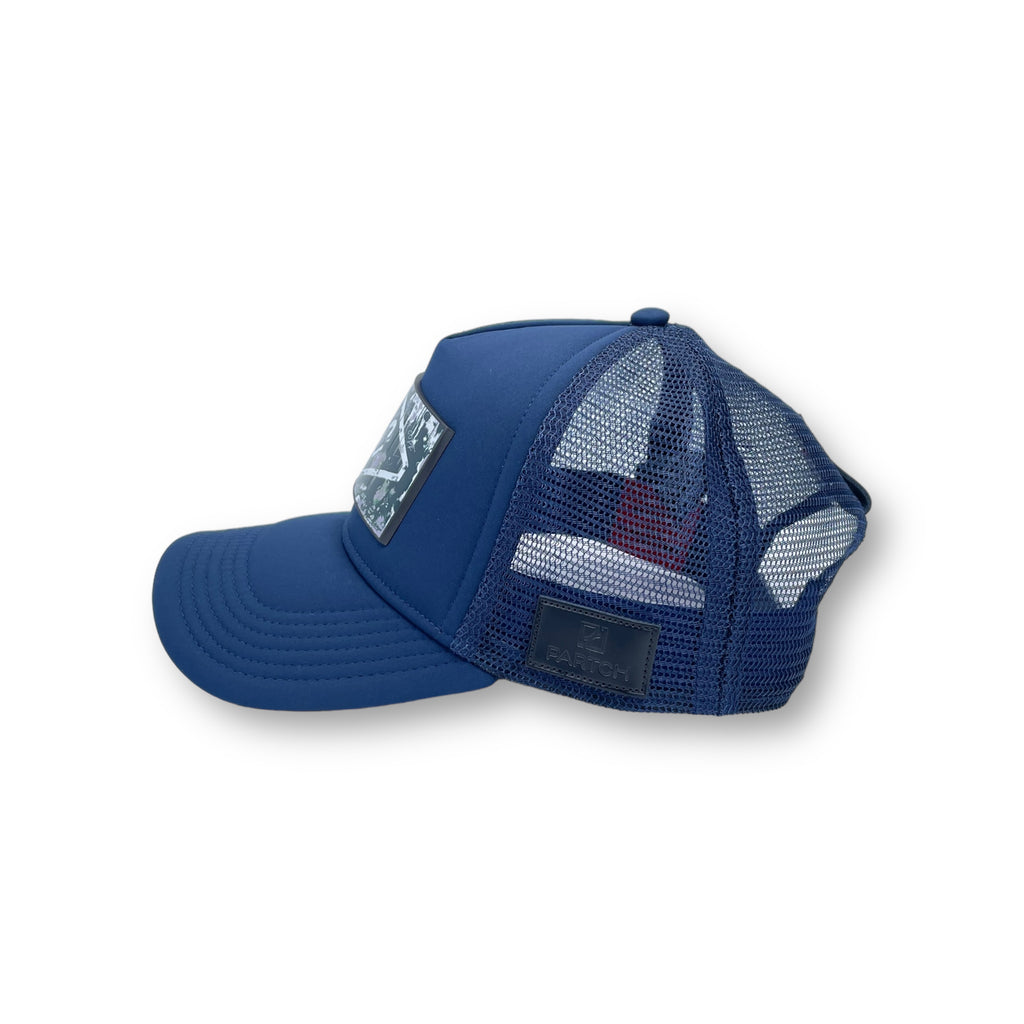 Partch navy blue trucker hat with Partch-clip removable in a second 