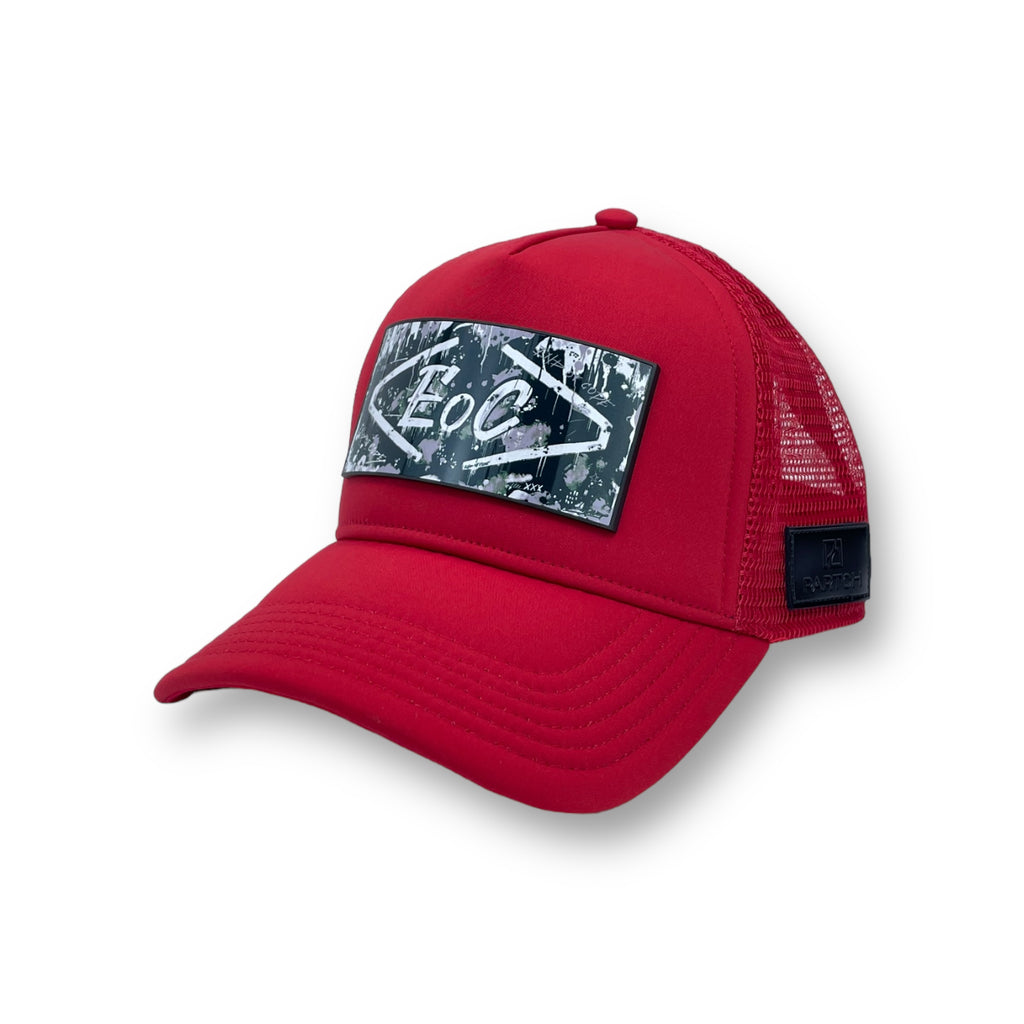 End of Code Partch trucker hat in red with front logo patch removable