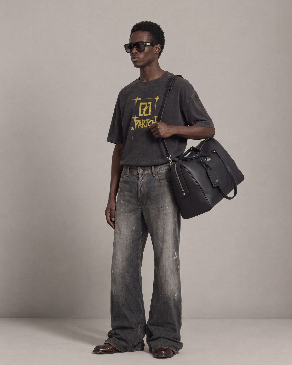 Luxury Oversized T-Shirt Element Yellow Graphic Vintage Black Cotton wearing black bag | PARTCH 