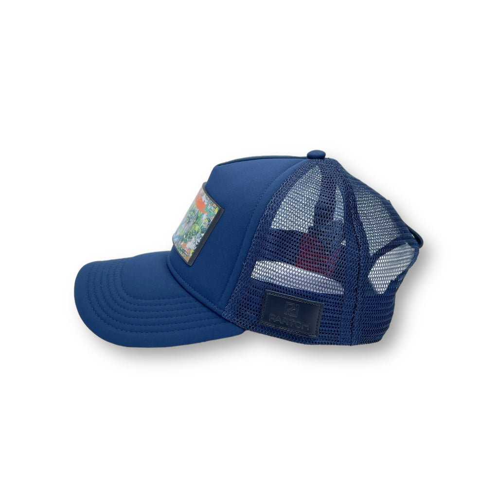 Partch luxury trucker hat navy bleu with Art Dreams front patch made by Cedric Bouteiller
