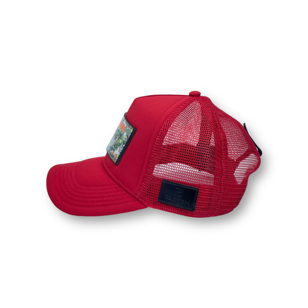 Red trucker hat Partch Fashion with removable patch made by Cedric Bouteiller Artist