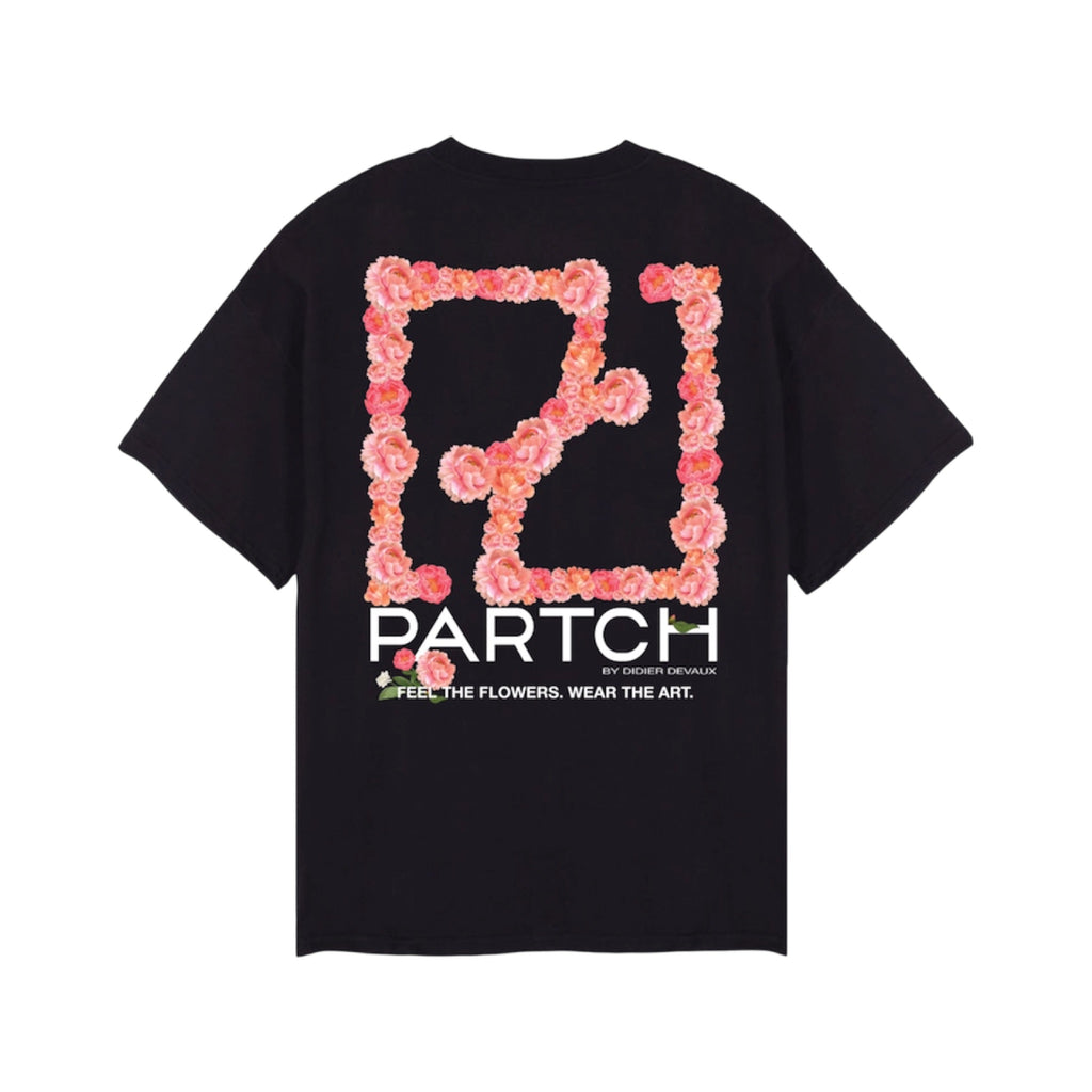 Flower Printed Logo Oversized Tee in Black | Partch