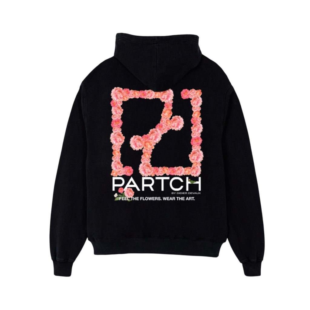 PARTCh Flower Printed Logo Hoodie Black Oversized Fit Cotton