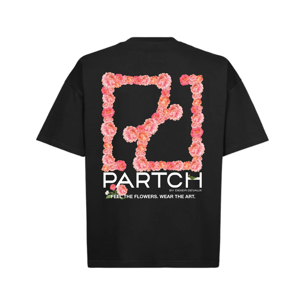 Flower Printed Logo Oversized Tee in Black | Partch