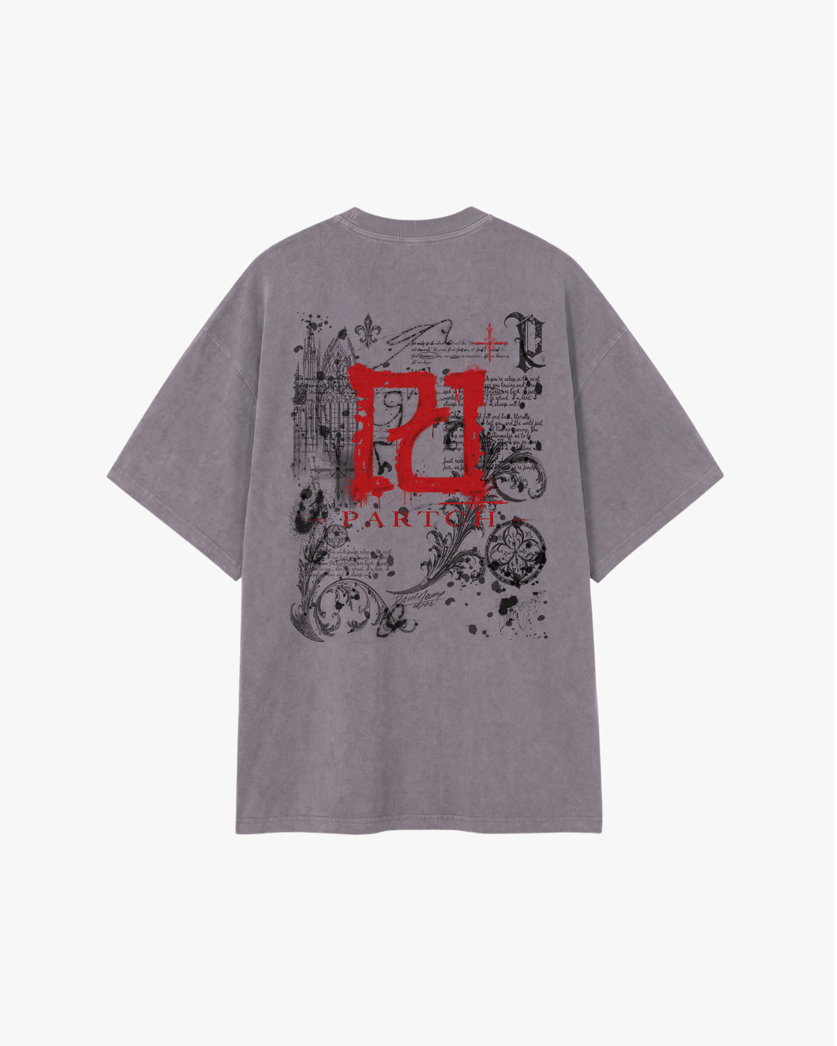 Forged Luxury Oversized Tee Medieval Art Logo Printed Washed Grey Cotton | PARTCH by Didier Devaux