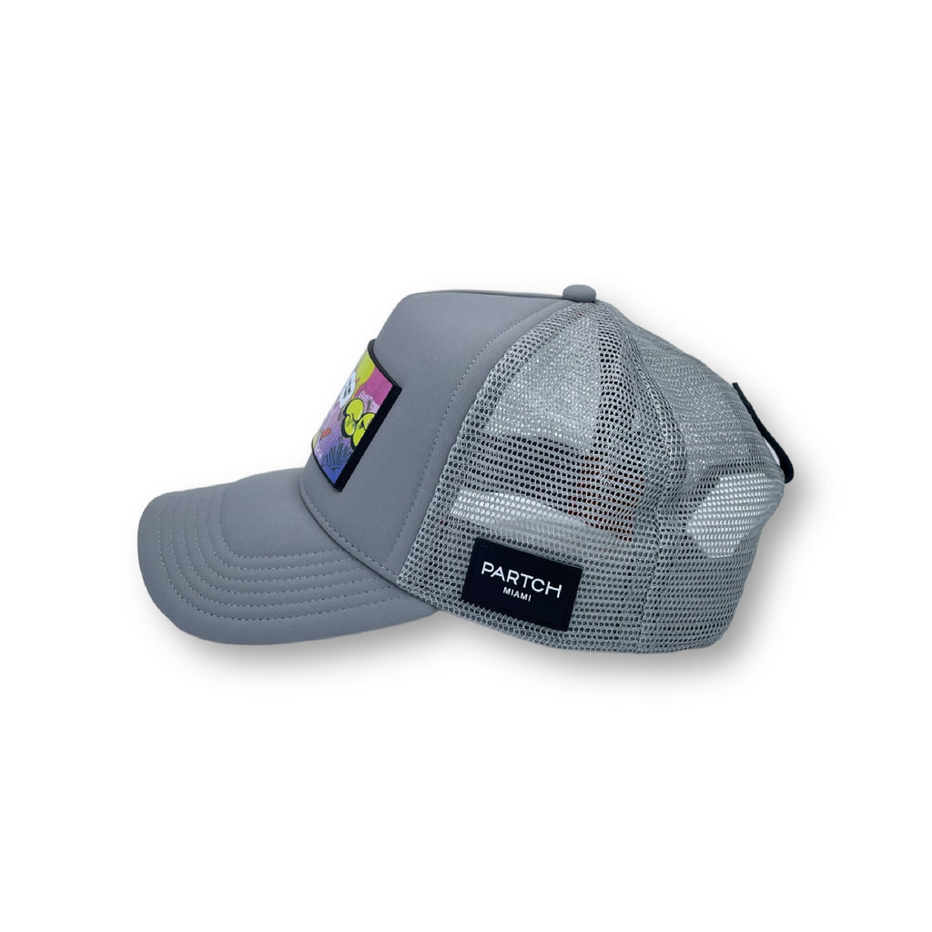 Grey Trucker Hat Partch spandex and breathable rear mesh, genuine leather accents