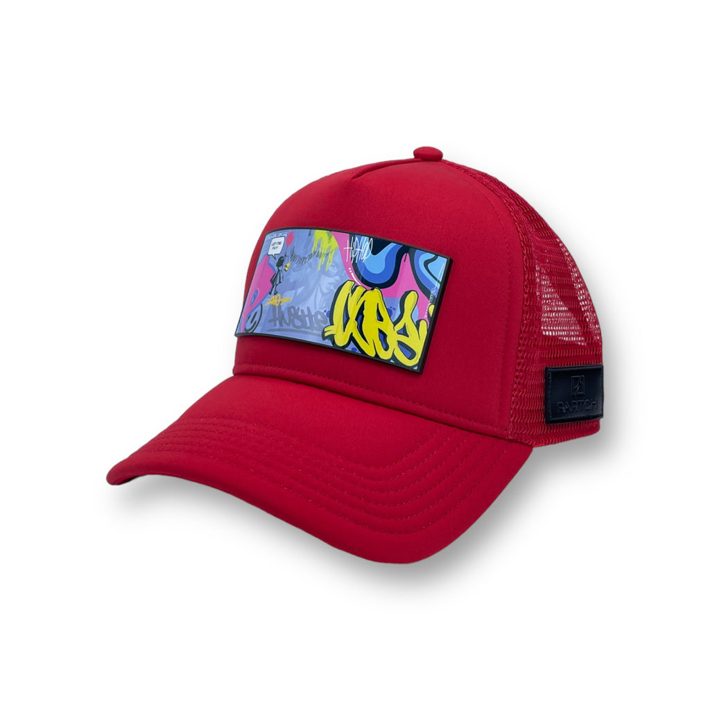 Partch Fashion red trucker hat Hustle with Art Partch-clip removable