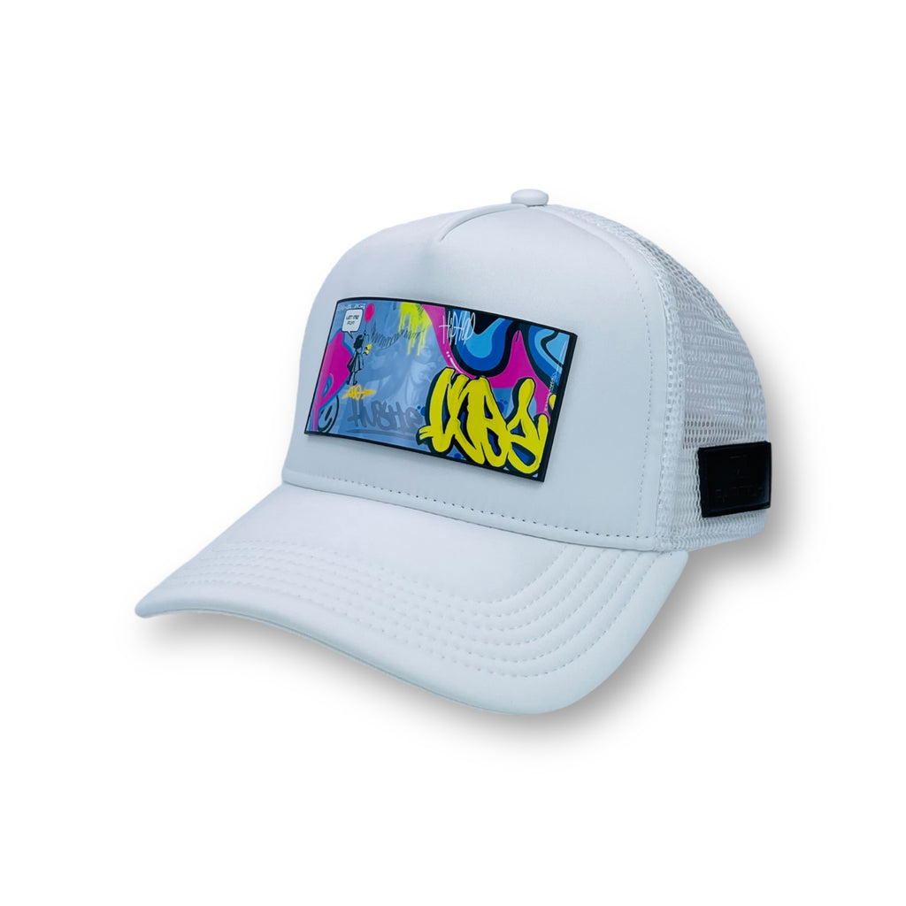 White Trucker Hat Partch with Art Graffiti front clip removable