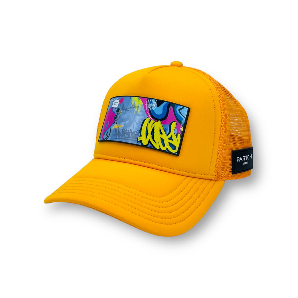 Yellow Trucker Hat Partch front patch Hustle Urban Art
