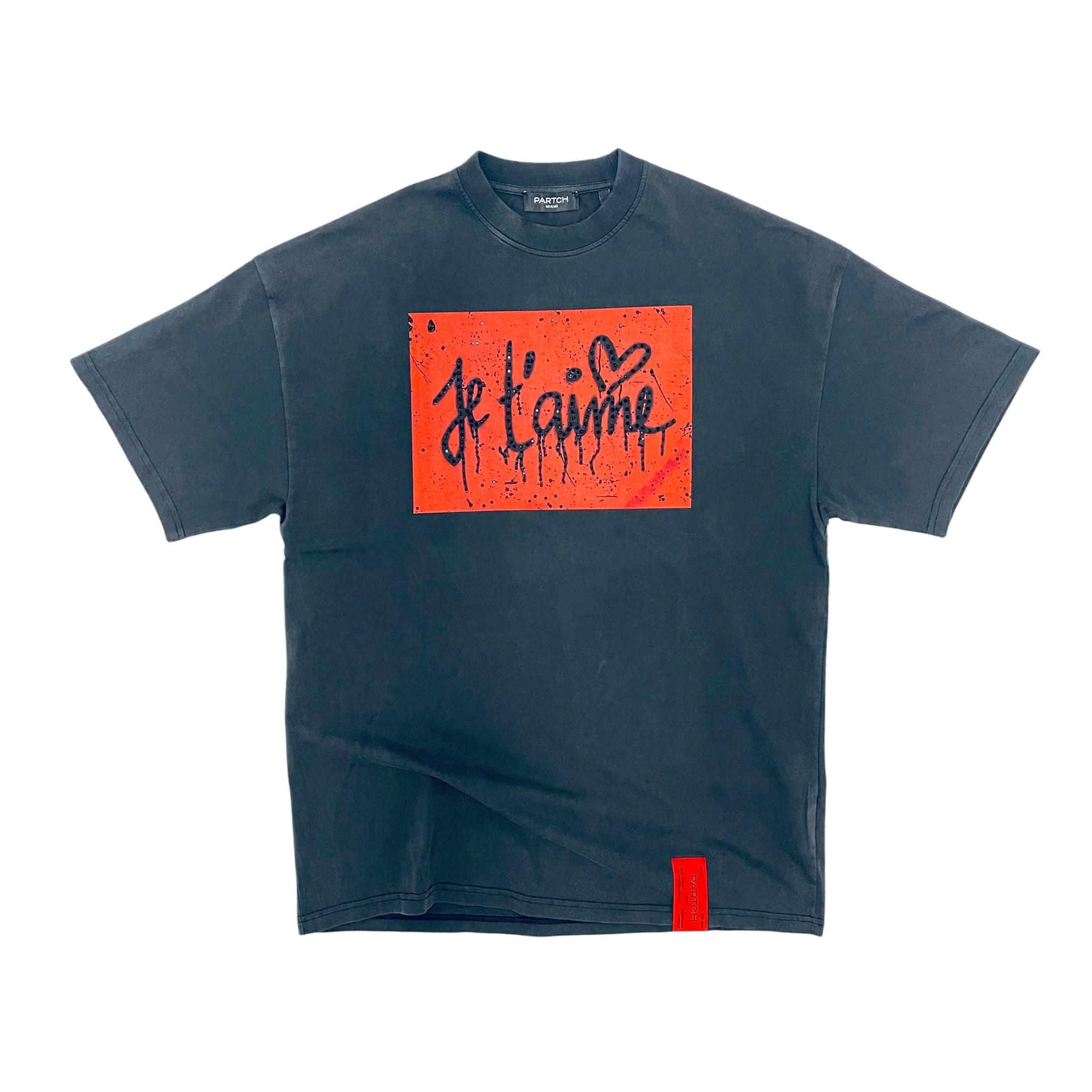 Partch Luxury Je t'Aime Black Crystal Oversized Tee in Vintage Black Organic Cotton | Designer Streetwear by Didier Devaux