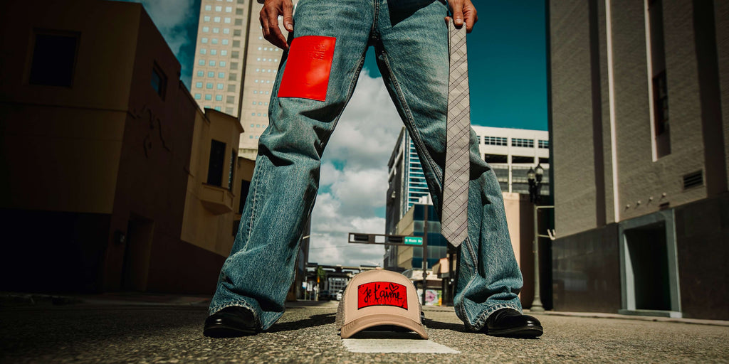 Partch Designer Jeans Denim Relaxed Fit with Red Leather Patch