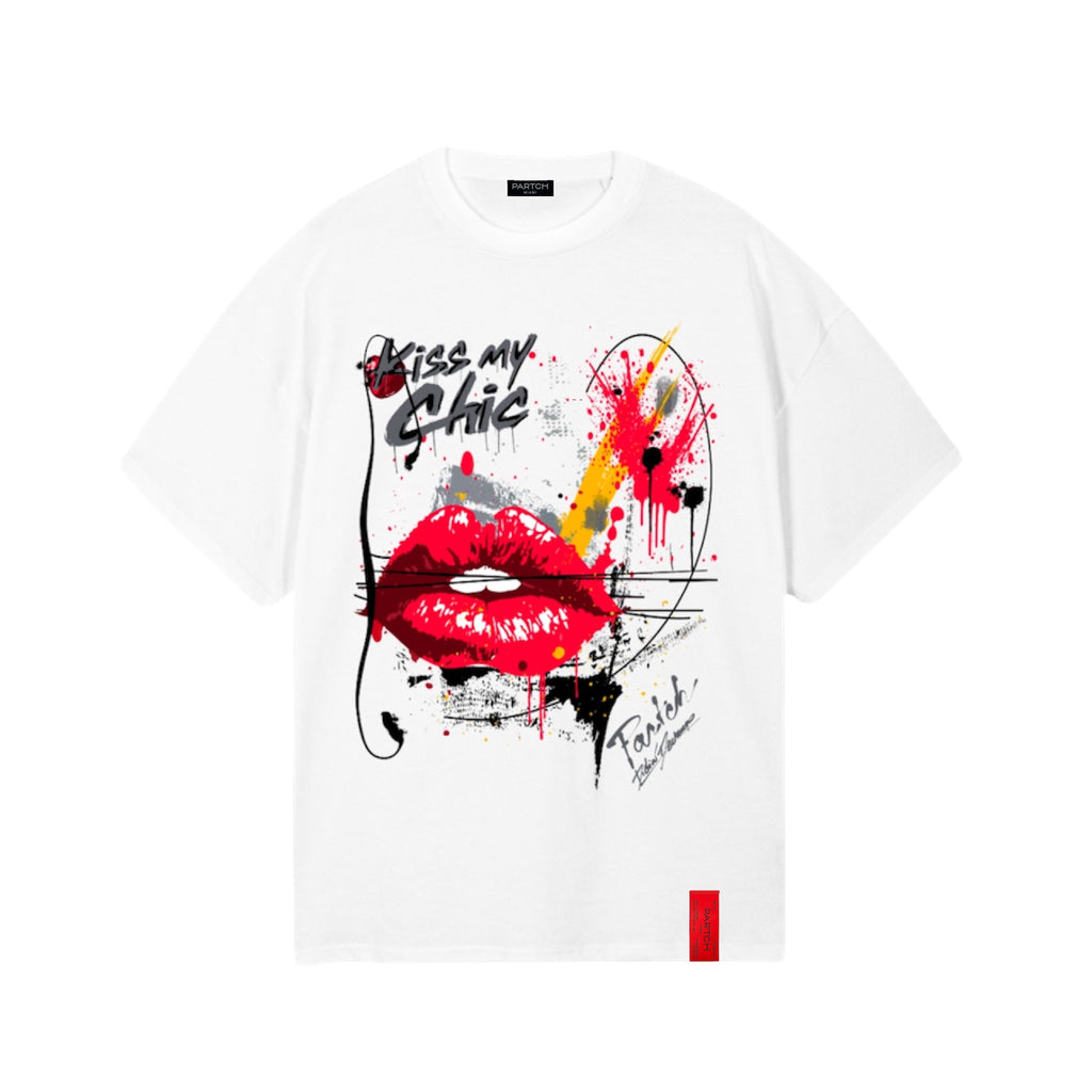 Partch Kiss My Chic Oversized Tee White Graphic Printed at the Front