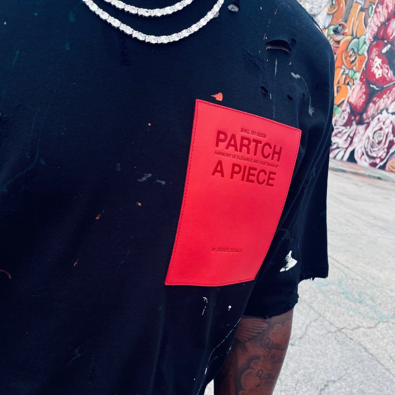 PARTCH Limited Edition Oversized Tee Distressed Hand Painted and Red Leather Patch