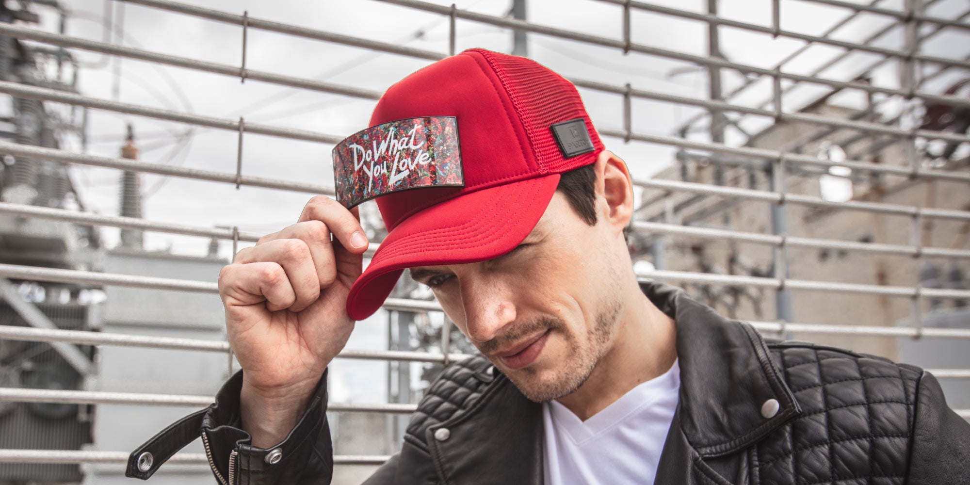 Partch Man red hat do what you love Art front logo patch and leather jacket street style